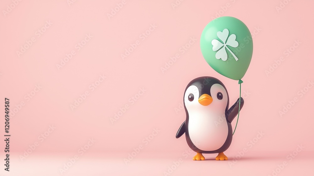 Obraz premium Cheerful Penguin Holding Green Balloon for Festive