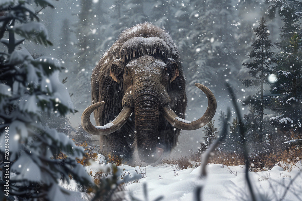 Fantastically majestic mammoth in its natural habitat with large long tusks, abstract vivid composition consists of fictional unreal fantastic vision on background