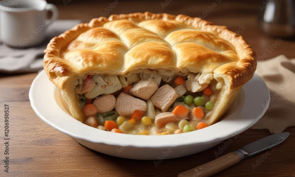 A golden brown chicken pot pie with a creamy filling and a crumbly puff pastry crust , meal, pie A golden brown chicken pot pie with a creamy filling and a crumbly puff pastry crust , meal, pie