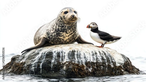 Seal and puffin perched on a rock, surrounded by water, white isolate background.