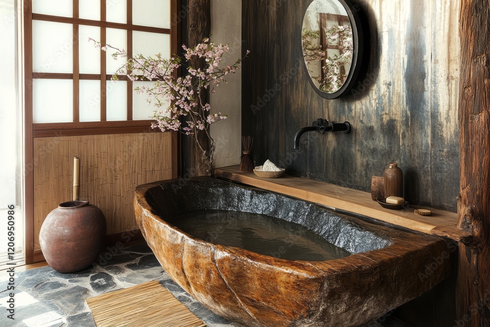 Tranquil Wooden Bath Design With Sakura Blossoms Tranquil Wooden Bath Design With Sakura Blossoms