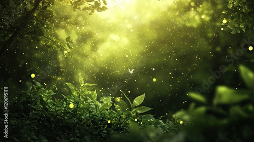 A glowing green glitter background with radiant golden sparkles and intricate textures for depth