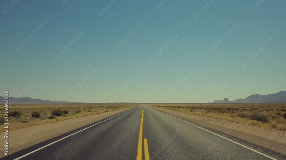 Fototapeta premium A cinematic view of a long, desolate road stretching into the horizon on a clear day, under a vast blue sky. Captured with muted colors, a flat horizon line, for a dramatic view.