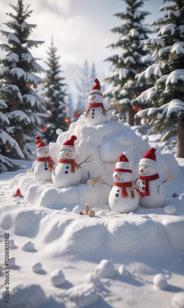 Obraz premium A group of snowmen building a snowfort, with Christmas decorations scattered around them, , christmas decorations