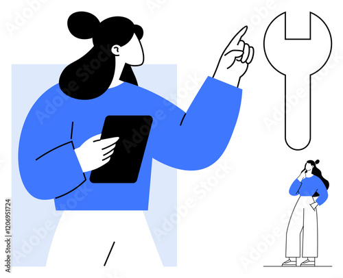 Woman in blue top holds a digital tablet, pointing at an oversized wrench. Smaller version of the woman stands thoughtfully. Ideal for problem-solving, technology, innovation, guidance, solutions