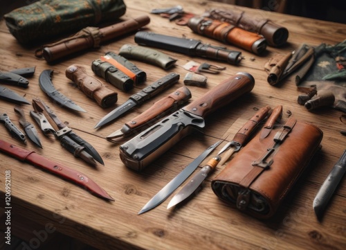 Wallpaper Mural A hunter's field kit laid out on a wooden table, with several hunting knives at the center, hunting knives, wilderness survival, wood table Torontodigital.ca