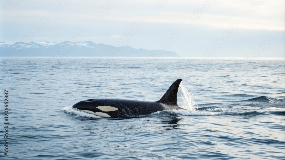 Naklejka premium A killer whale swims alone in a vast ocean on a white background, marine life, solitary animal