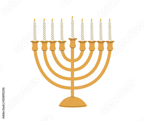 Candles in candelabrum. Menorah with multiple branches and candleholders. Jewish religious candelabra, traditional