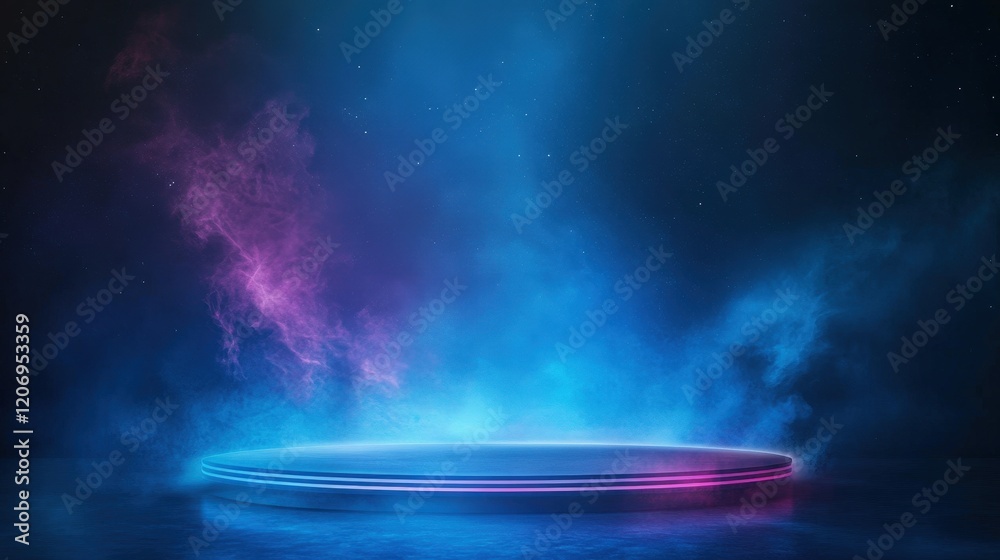 Fototapeta premium Futuristic Neon Stage with Smoke and Glowing Platform.