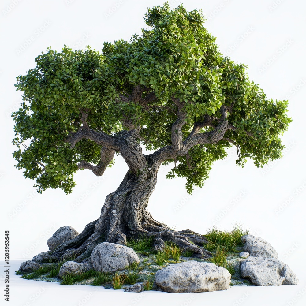 Lush, ancient tree with exposed roots on rocks. Lush, ancient tree with exposed roots on rocks.