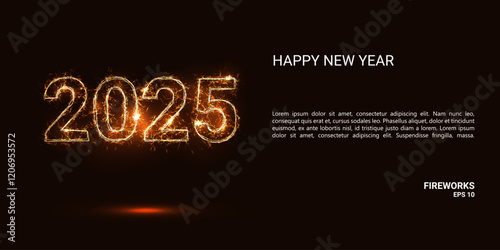 2025 consists of sparks and fire. Festive bright fireworks. Decorative element for celebrations and holidays. Vector illustration.
