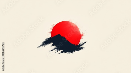 Radiant crimson sun, a bold graphic against pristine white backdrop