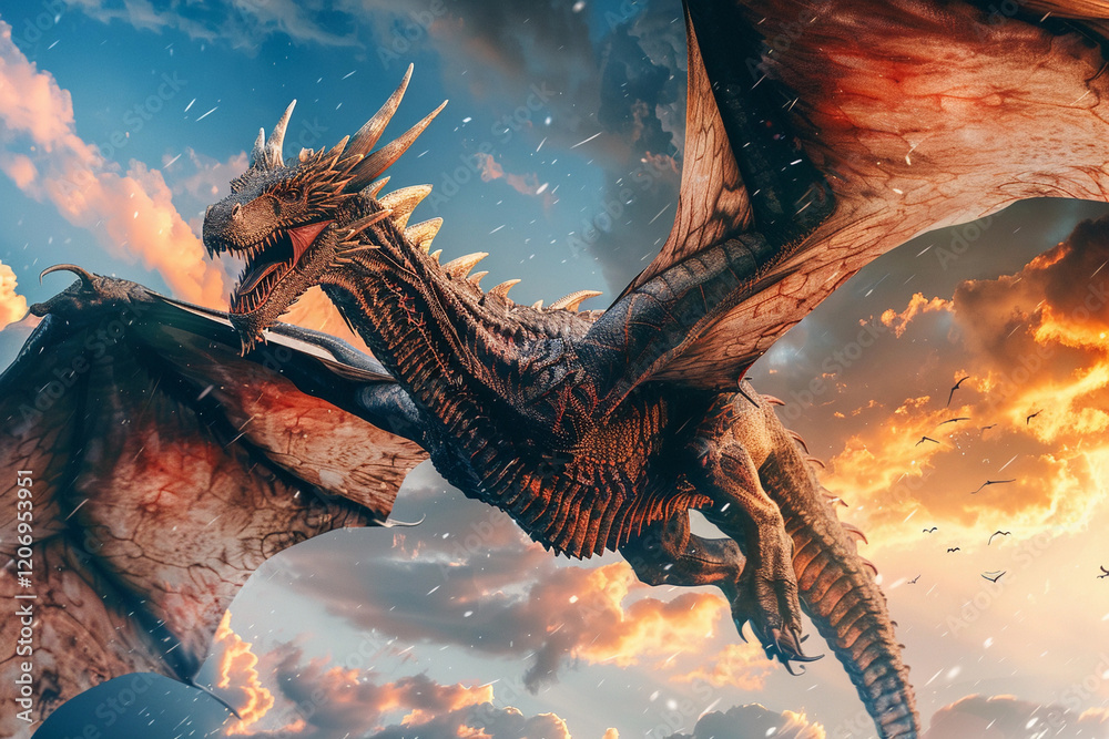 Obraz premium Fantastically beautiful mythological dragon with big wide wings, abstract vivid composition consists of fictional unreal fantastic vision on background