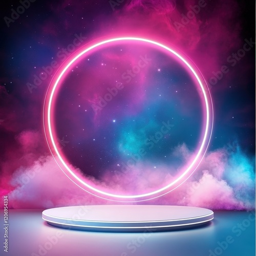 Cosmic Neon Circle Podium: Futuristic Product Display.