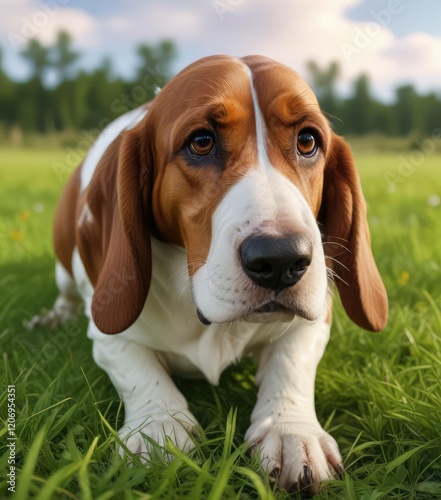 A basset hound's paws sinking into soft grass as it moves through a field, countryside, grass photo