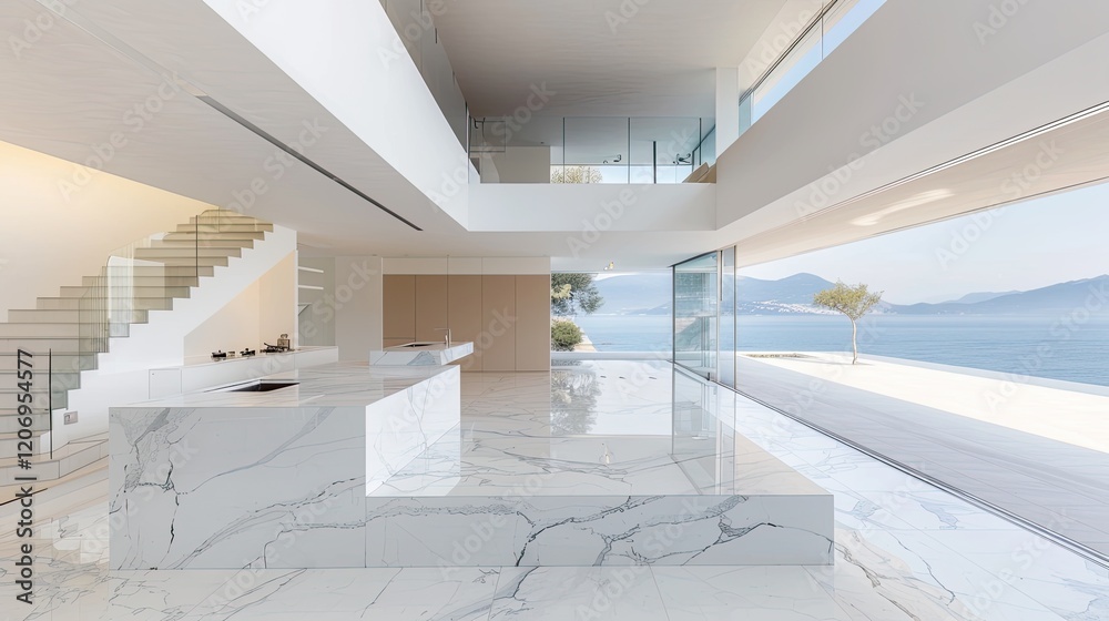 Fototapeta premium A modern kitchen with an island featuring white marble