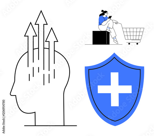 Head with arrows represents personal growth, shield with cross indicates health protection, person with shopping cart shows consumer behavior. Ideal for self-improvement, health care, consumerism