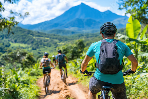 A man is riding a bike with a backpack on his back