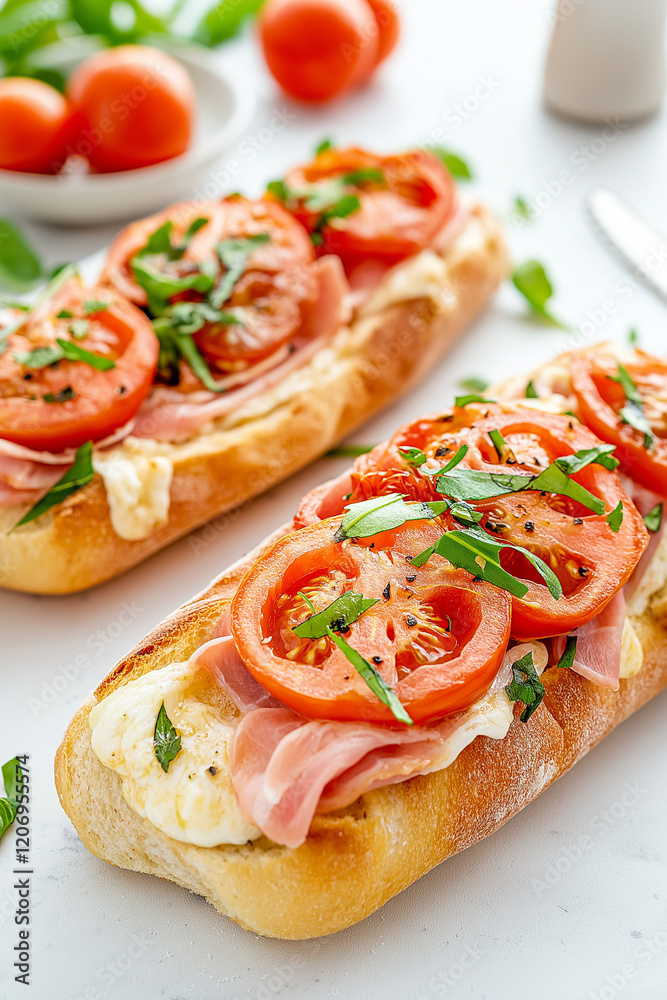 Two sandwiches with tomatoes and basil on top Two sandwiches with tomatoes and basil on top