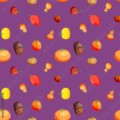 Seamless pattern on a purple background from different orange pumpkins. Suitable for wrapping paper, gifts, cards. Vector illustration photo