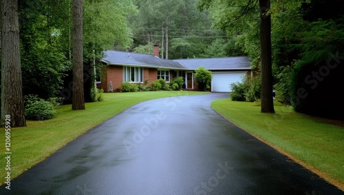 Wide angle of newly built asphalt driveway next to a house in the woods