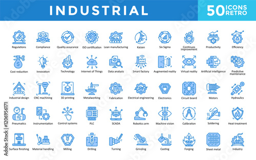 Industrial icon set with regulations, compliance, quality assurance, iso certification, lean manufacturing, kaizen, six sigma, continuous improvement, productivity icon. Simple retro vector 
