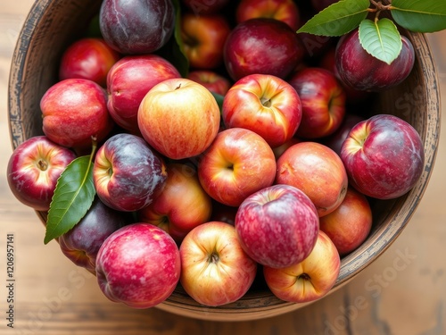 A bounty of fresh pluots spill over the edge of a distressed wooden bowl, their vibrant colors and varied textures creating a lively and inviting display, food presentation, pluot photo