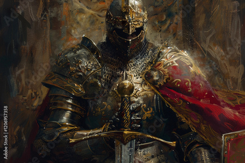 Fantastic beautiful royal knight in iron armor guards castle chambers, abstract vivid composition consists of fictional unreal fantastic vision on background photo