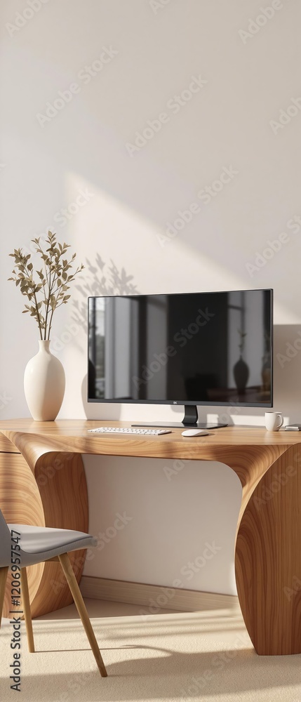 A curved screen monitor placed on an artistic wooden desk with a vase nearby, wooden furniture, artistic wood, unique decor A curved screen monitor placed on an artistic wooden desk with a vase nearby, wooden furniture, artistic wood, unique decor