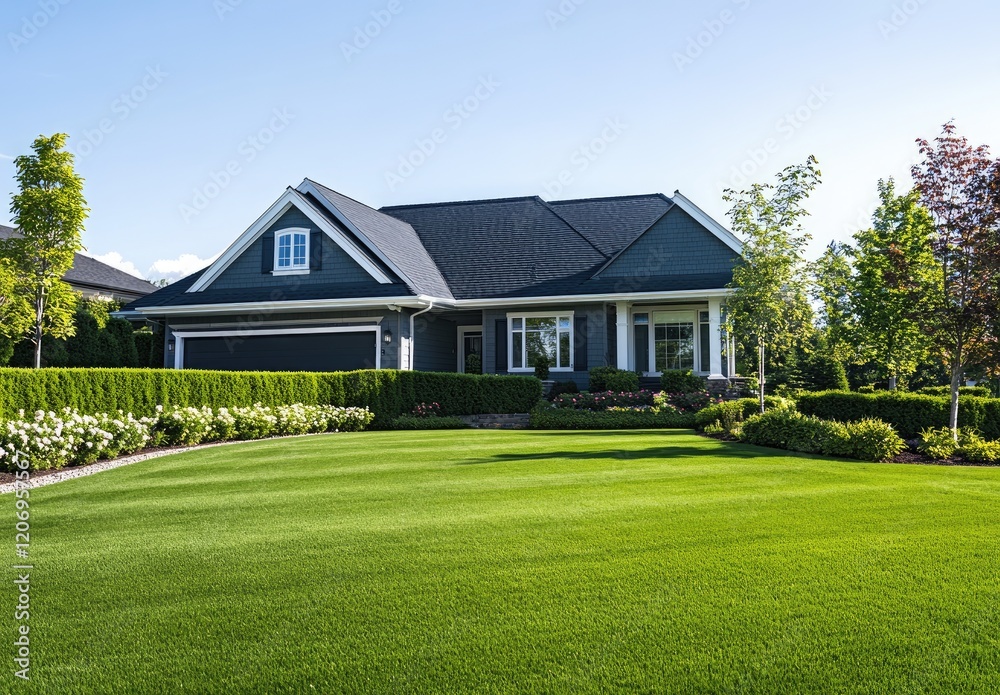 an upscale suburban home with well-maintained landscaping and colorful flowers, showcasing the house's architecture and exterior design. an upscale suburban home with well-maintained landscaping and colorful flowers, showcasing the house's architecture and exterior design.