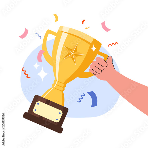 A hand holding a golden trophy cup, symbolizing winner success and achievement. 