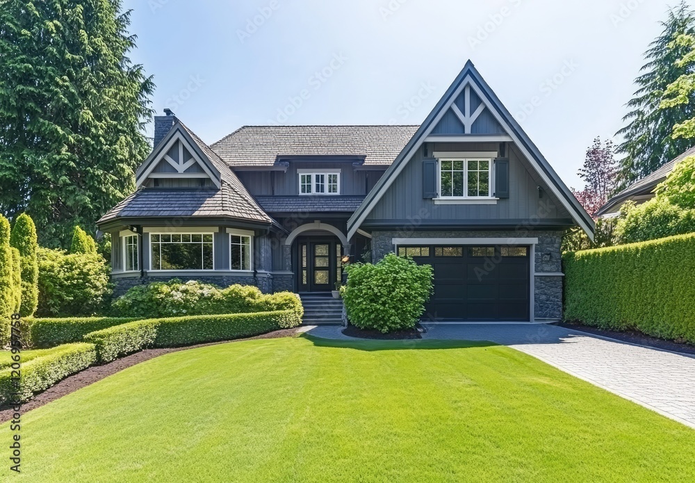 an upscale suburban home with well-maintained landscaping and colorful flowers, showcasing the house's architecture and exterior design. an upscale suburban home with well-maintained landscaping and colorful flowers, showcasing the house's architecture and exterior design.