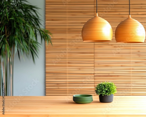 Interior bamboo eco friendly furniture featuring a minimalist living room with a bamboo sofa, matching coffee table, and neutraltoned cushions under soft natural lighting photo