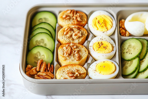 Ketogenic lunchbox featuring mini cheese, boiled eggs, cucumbers, and nuts for a healthy midday meal