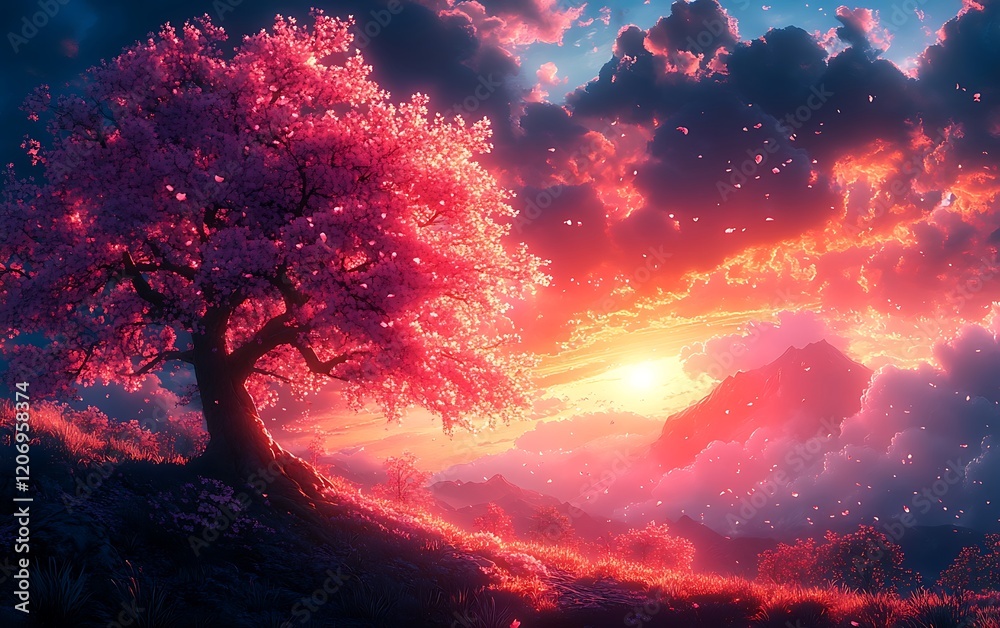 Pink Blossom Tree Hillside Sunrise