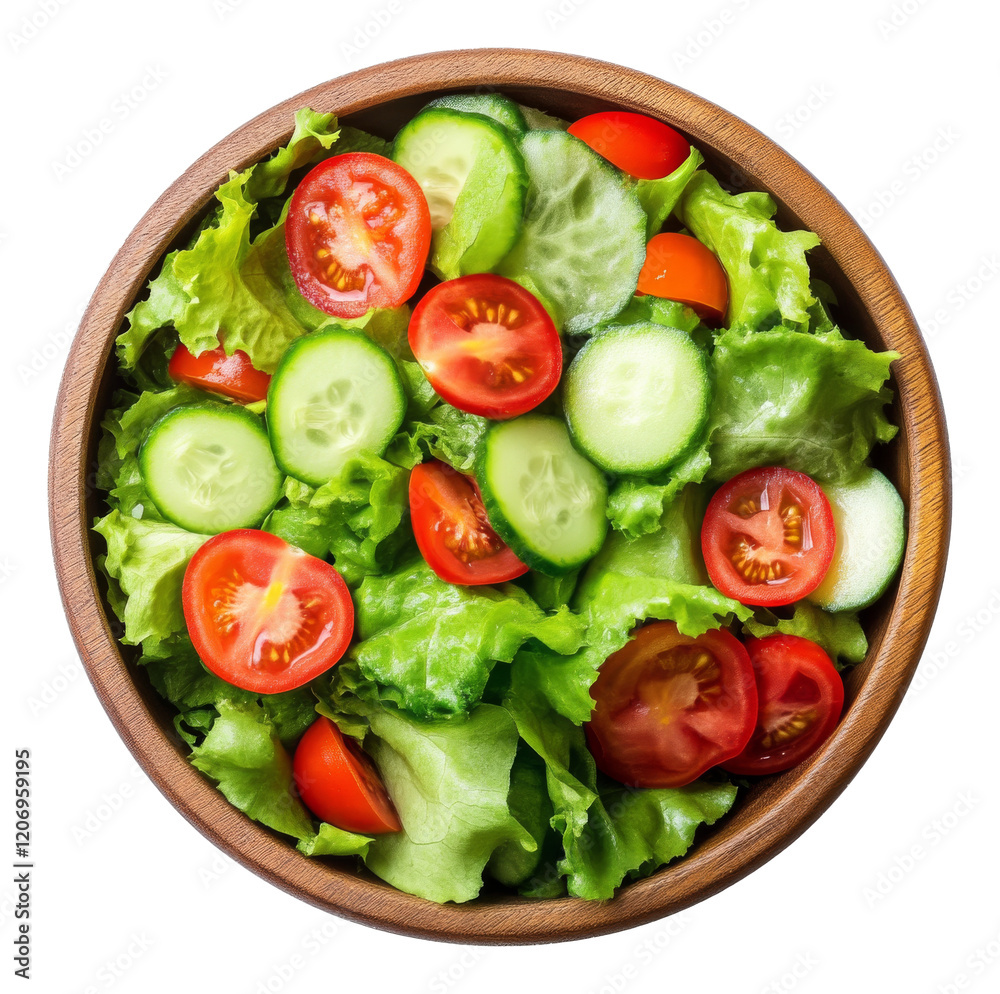 Fresh vegetable salad with lettuce, cucumber, and tomatoes in wooden bowl. Healthy eating and nutrition concept Fresh vegetable salad with lettuce, cucumber, and tomatoes in wooden bowl. Healthy eating and nutrition concept