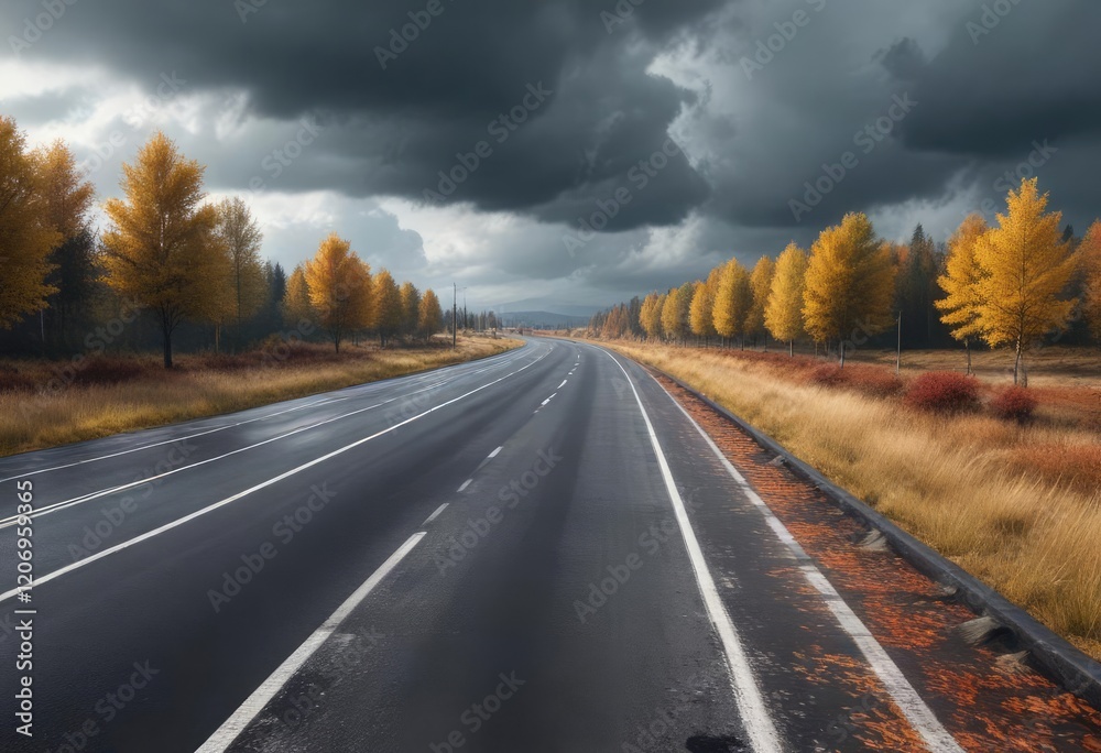A deserted European highway on a cold and stormy autumn day, wet pavement, stormy day, abandoned road A deserted European highway on a cold and stormy autumn day, wet pavement, stormy day, abandoned road