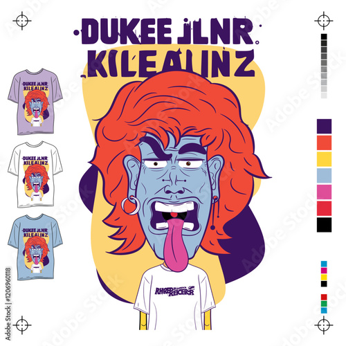 Estampa para T-shirt, camiseta,. Homem ruivo de pele azul com cabelos longos e expressão engraçada