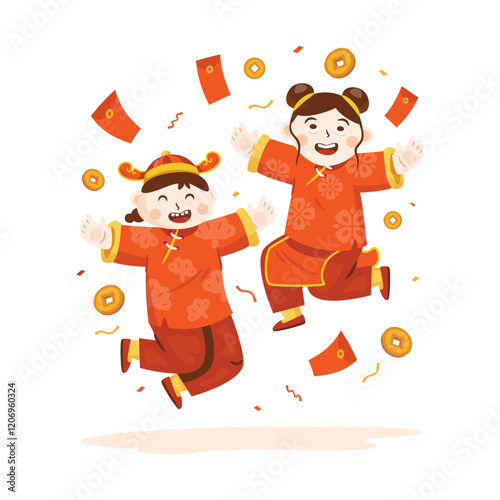 Flat design cute chinese kids happy getting angpao vector illustration