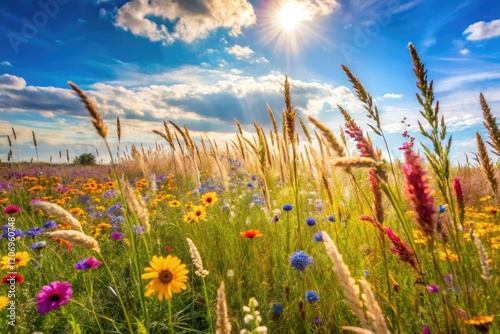 A field of tall grasses and colorful wildflowers sway gently in the breeze on a warm sunny day, outdoors, wildflowers, bloom photo