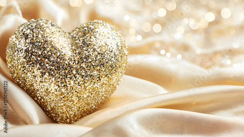 A glittery heart-shaped ornament resting on a satin fabric background