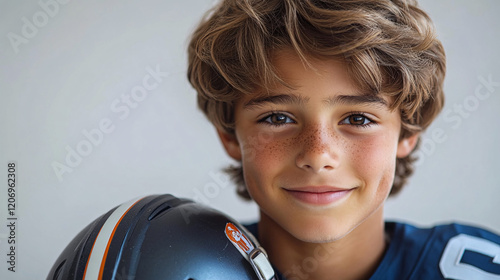a young boy with a football helmet