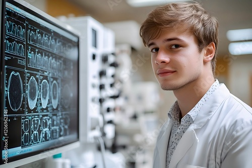 Close-up of a young doctor or medical trainee in a white coat viewing medical images on a computer screen in a clinic, Radiology, Neurosurgical Diagnosis, Radiography. photo