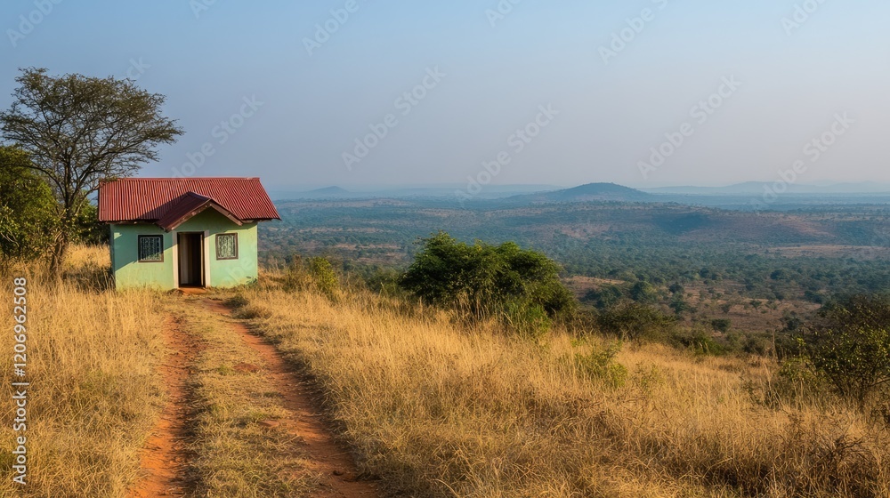 A small bungalow on a hilltop, offering panoramic views of the surrounding landscape A small bungalow on a hilltop, offering panoramic views of the surrounding landscape
