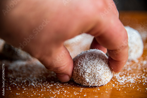 Coconut cake on the wooden table