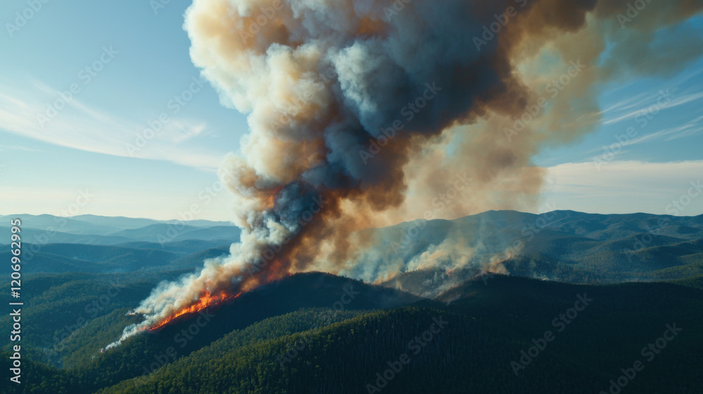 Fototapeta premium A vast landscape is engulfed in smoke from a forest fire, with flames visible on the hillside under a clear blue sky.