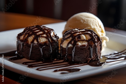 Two chocolate lava cakes with vanilla ice cream and chocolate sauce on a white plate. photo