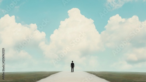 Lone figure standing on a path leading towards a cloudy sky.