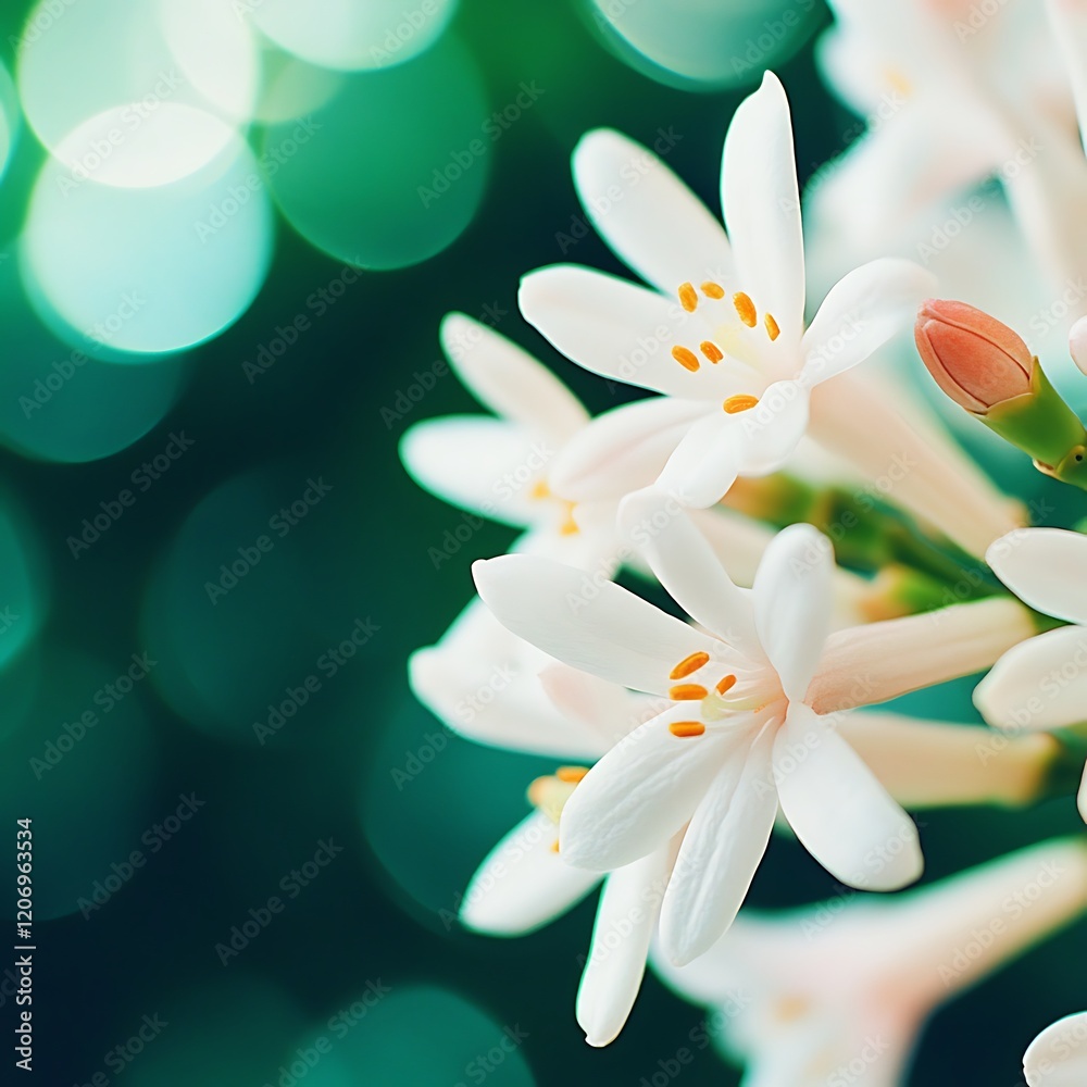 Naklejka premium Delicate White Flowers Bloom in a Green Garden