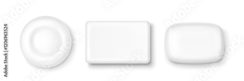 Soap bar 3D collection of round and rectangular shapes. Clean white hygienic objects with smooth surface and soft shadows. Minimalist bathroom accessories set for cosmetic and body care branding.